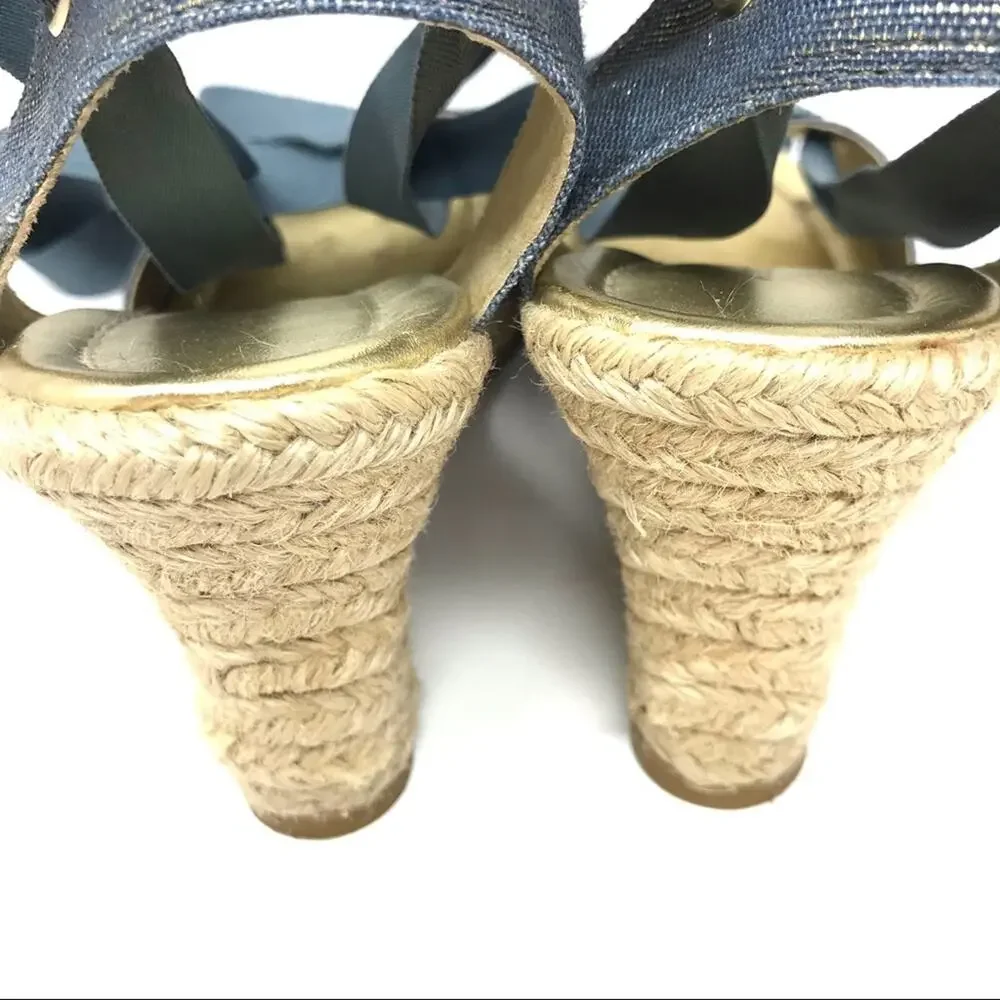 Antonio Melani-7 1/2-“Ariel” Blue Metallic Ankle Wrap Espadrille Wedge Sandals